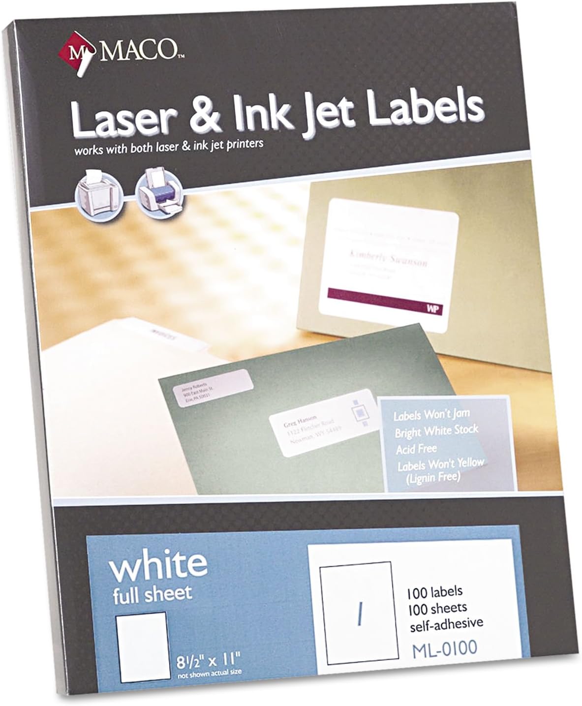 MACO ML0100 White Laser/Inkjet Full-Sheet Identification Labels, 8 1/2 x 11, White, 100/Box