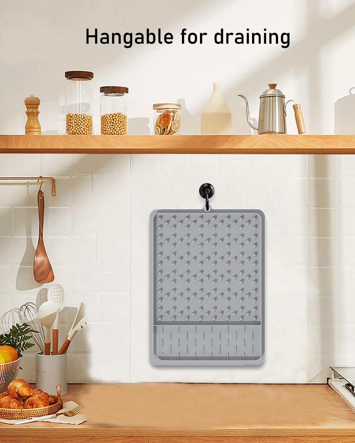 Dish Drying Mat for Kitchen Counter, Multiple Usage, Dual-Sided Independent Zones, Easy Clean, Heat-Resistant, Non-Slip Silicone Drying Pad for Countertop Protection, 16.2" x 11.8" (Grey)