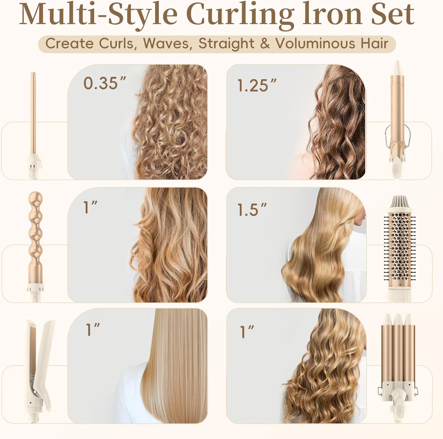 AIKO PRO 6 in 1 Curling Iron Set with Thermal Brush, Hair Straightener, 3 Barrel Hair Crimper, 3 Ceramic Curling Wands (0.35"-1.25"), Fast Heat Up, Dual Voltage with a Glove, Gifts for Women
