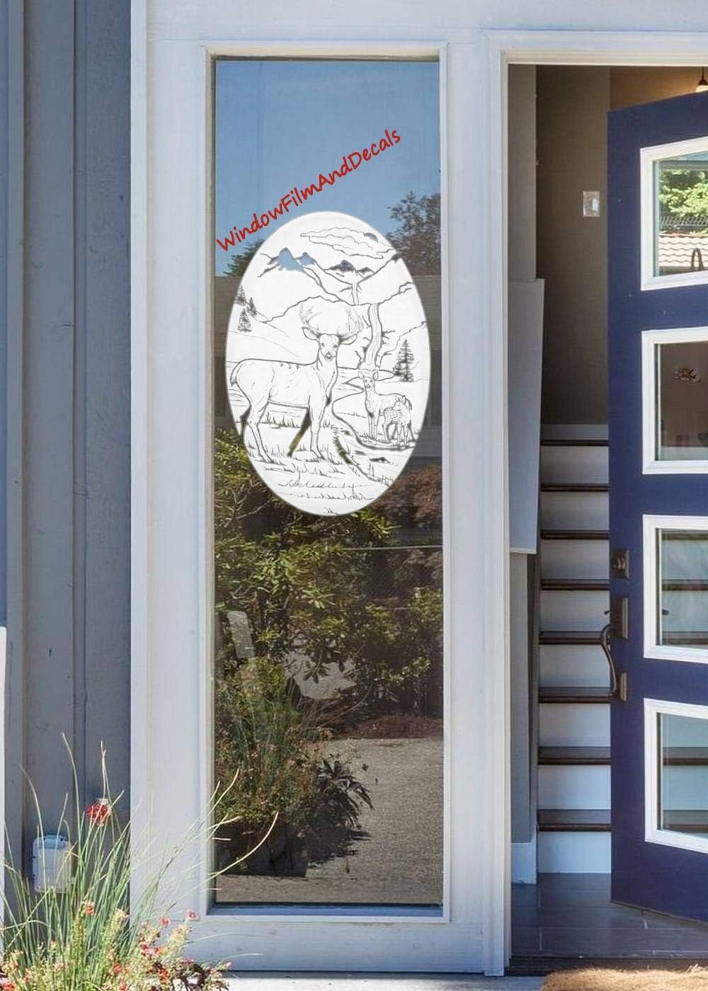 Deer Scene Oval Etched Window Decal Vinyl Glass Cling - 21" x 33" - White with Clear Design Elements