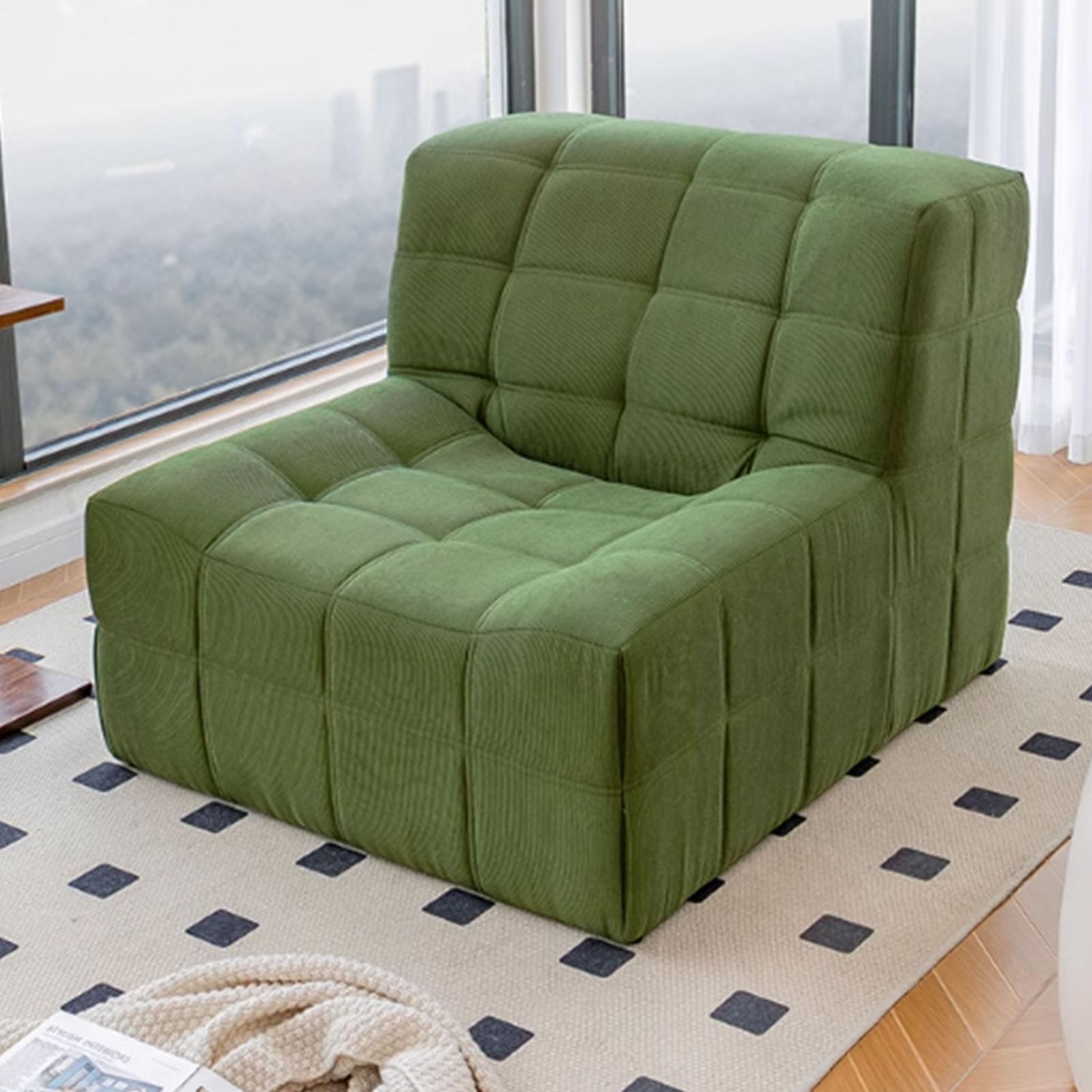 Lazy Floor Sofa für Wohnzimmer, Cord-Sofa ohne Armlehnen im Retro-Stil, dekoratives, gemütliches Sofa für den Innenbereich, Schaumstoff-Sofa-Akzentstuhl für Wohnzimmer, Schlafzimmer und Büro, Grün