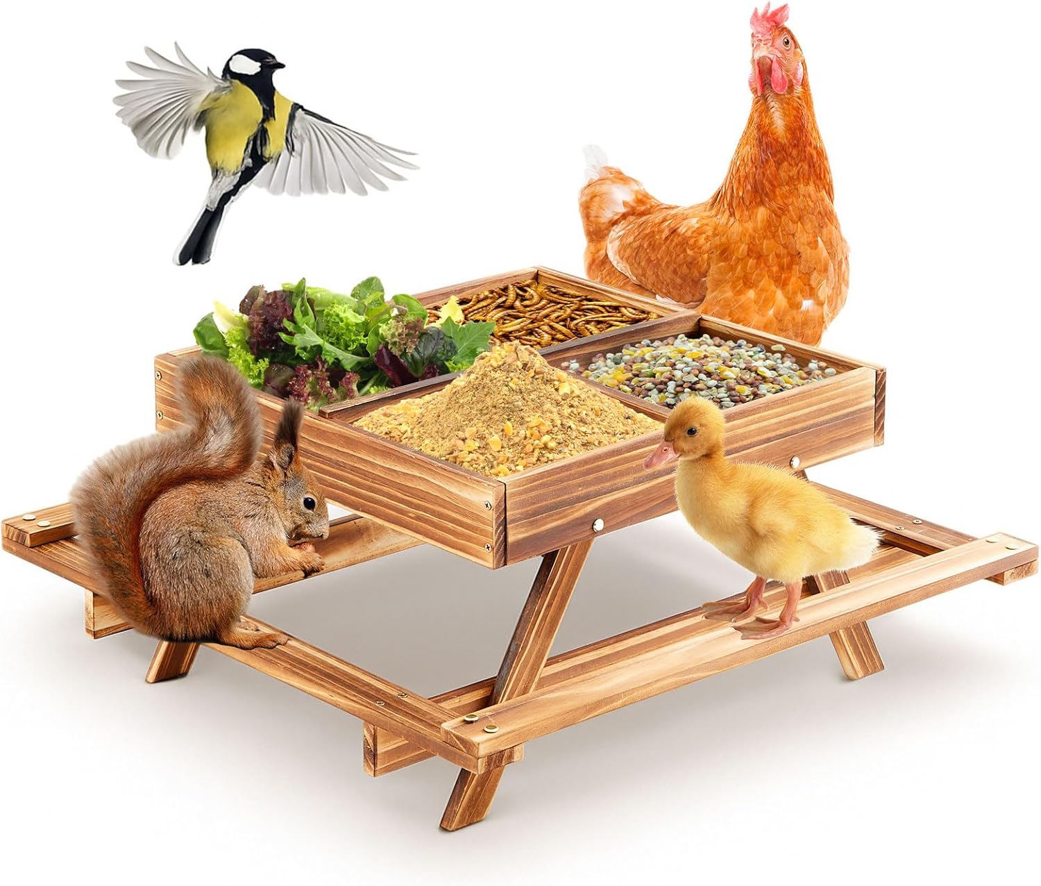 Geelin Chicken Feeder No Waste 22.8 x 22.8 x 10 Inches Chicken Picnic Table Kit with 4 Chick Carbonized Solid Wood Feeder 4 Stool Handmade DIY for Chick Coop Mesh Bottom Food Fresh Dry Easy Clean Fill