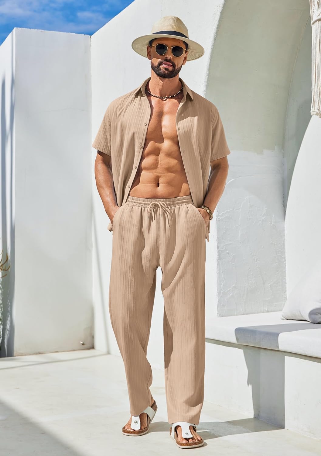COOFANDY Mens 2 Piece Outfits Casual Summer Beach Textured Button Down Shirt Loose Pants Set - Image 3
