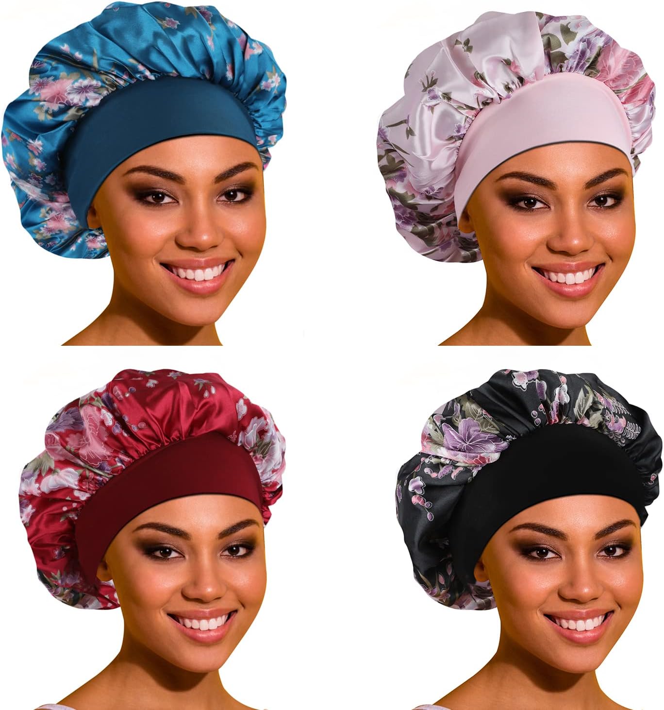Satin Bonnet Hair Bonnet for Sleeping- 4 Pack Large Silk Bonnets for Black Women with Elastic Soft Band for Hair Care