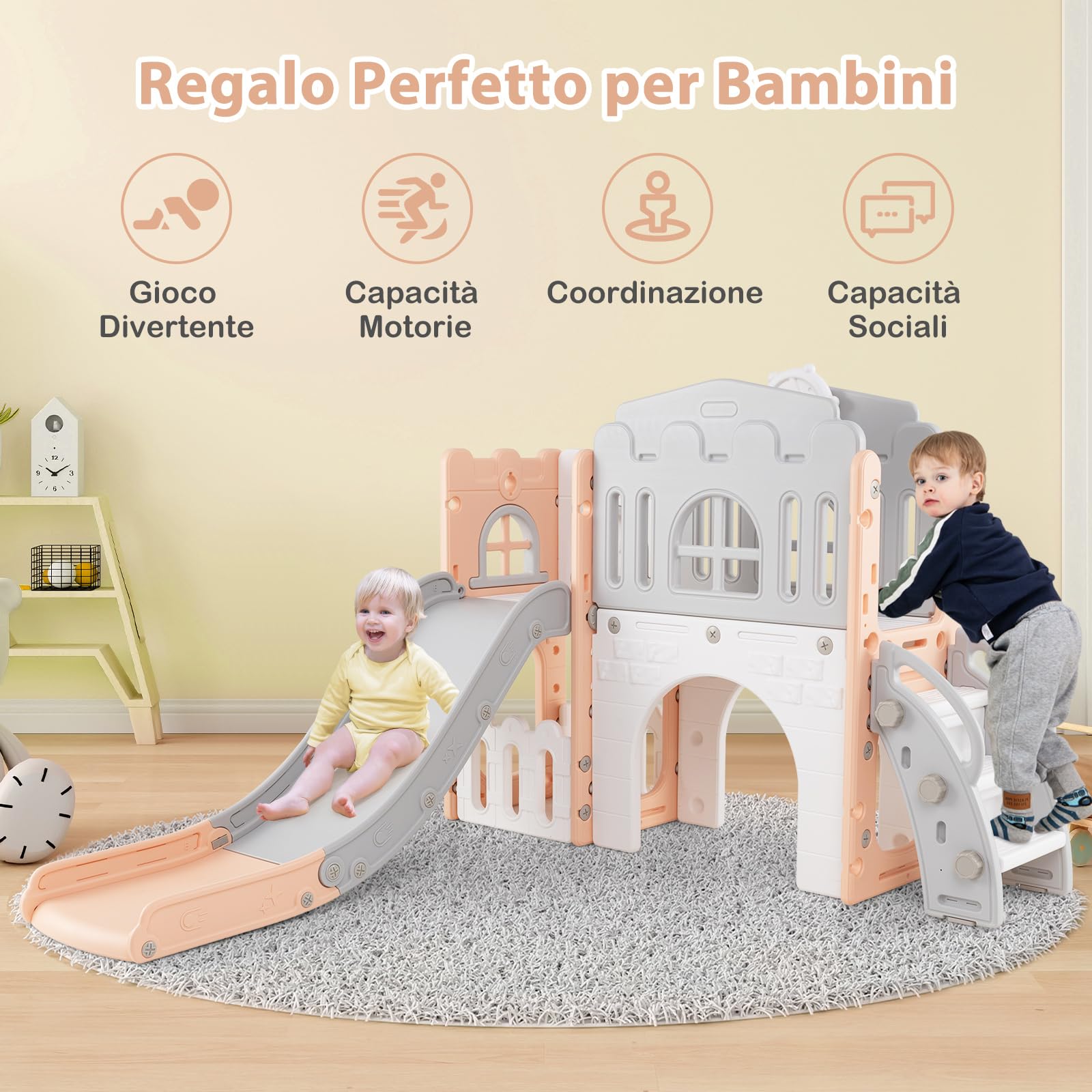 COSTWAY Scivolo per Bambini 9 in 1, Set da Gioco con Canestro da Basket, Telescopio, Volante, Corridoio, Tunnel e Spazio di Archiviazione, Scivolo da Interno ed Esterno per 1+ Anni (Rosa+Grigio)
