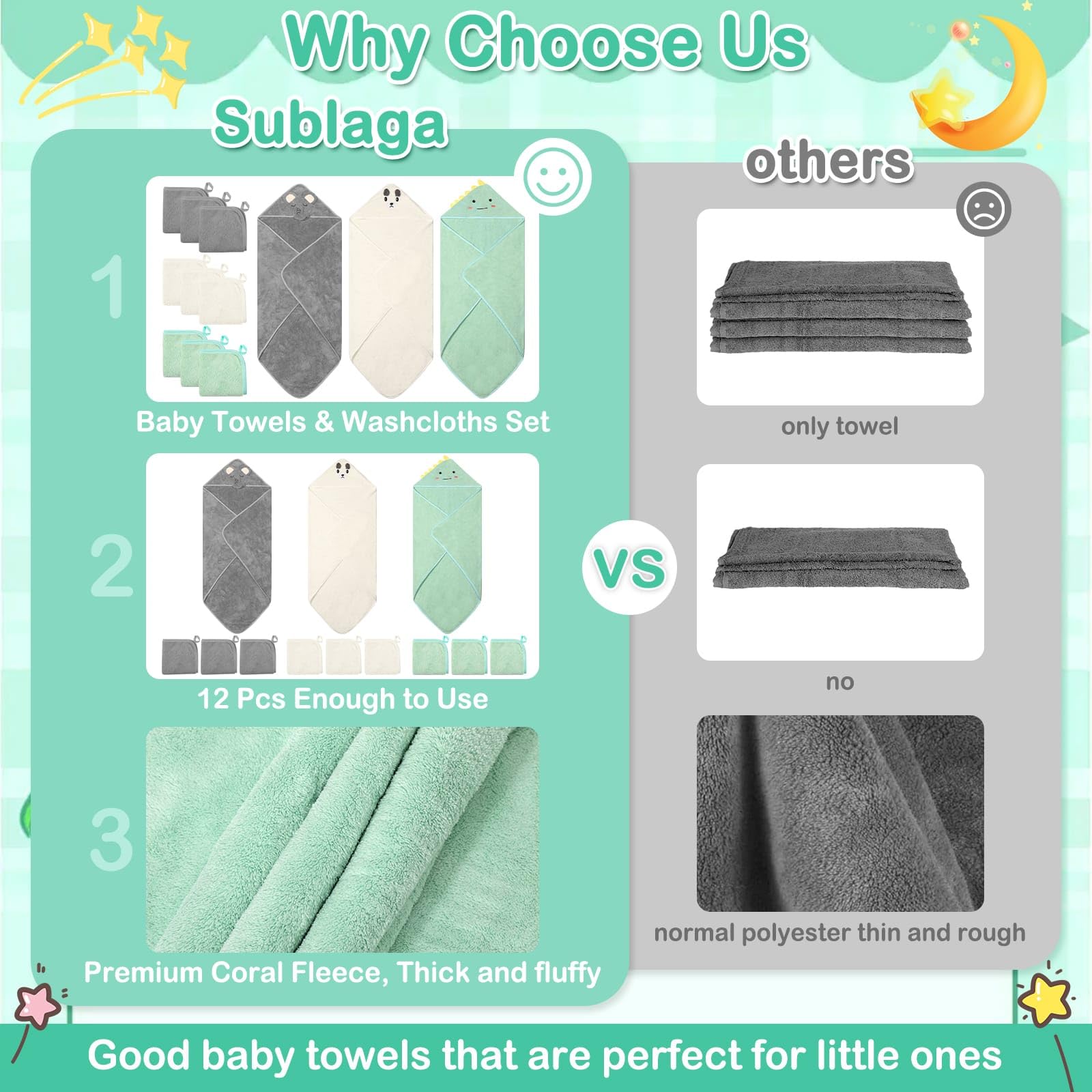 Sublaga 78,9 x 78,9 cm Baby-Kapuzenhandtücher, 9-teiliges Bad für Jungen, Waschlappen-Set mit niedlichem Design, Duschtuch, Geschenk für Neugeborene, Säuglinge und Kleinkinder