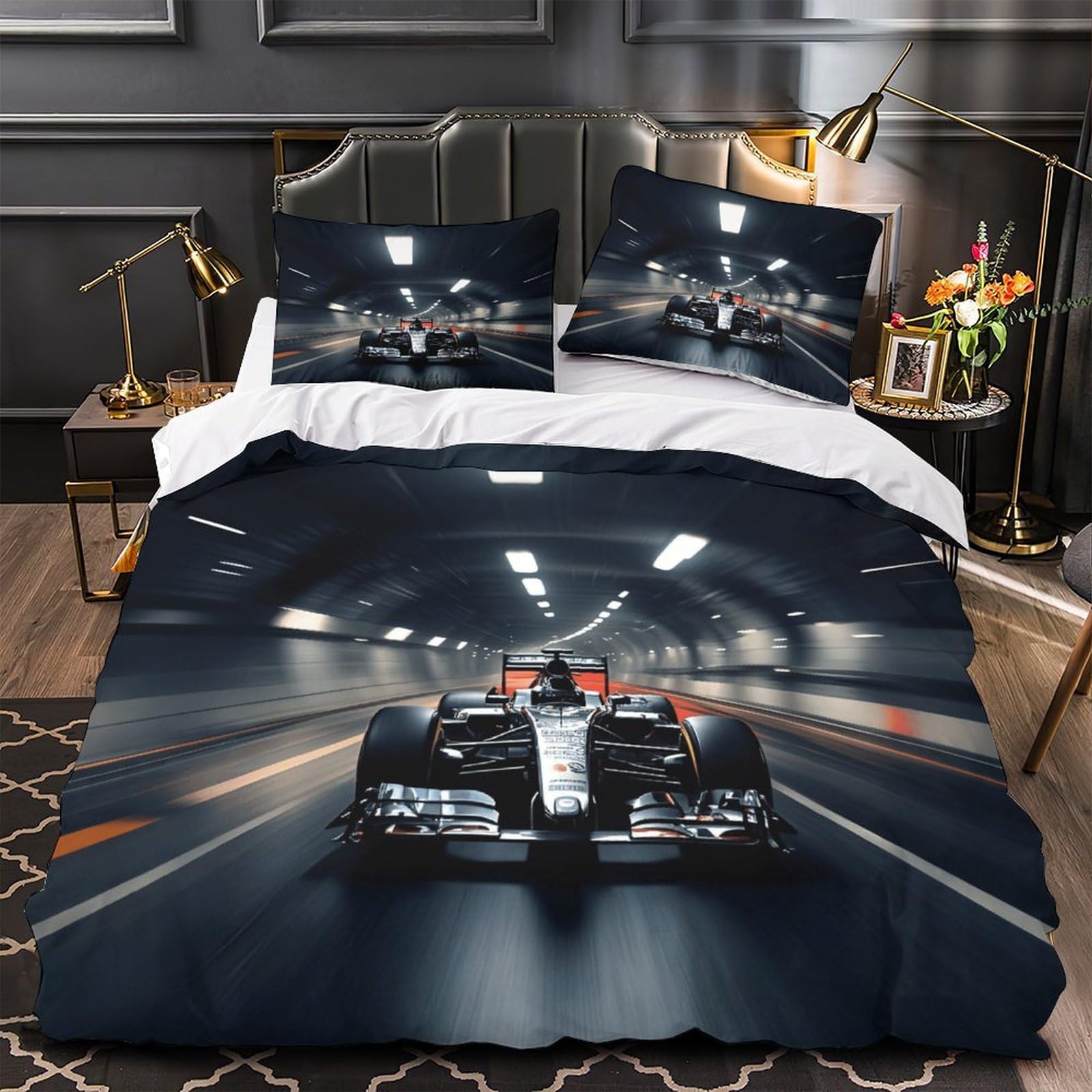 DAFUfbw Breathable Formulaa Racing Duvet Cover Set Super King（260x220cm）, Quilt Cover Set Racing Car Theme with Pillowcases, Soft Microfiber Bedding Set Nice-looking