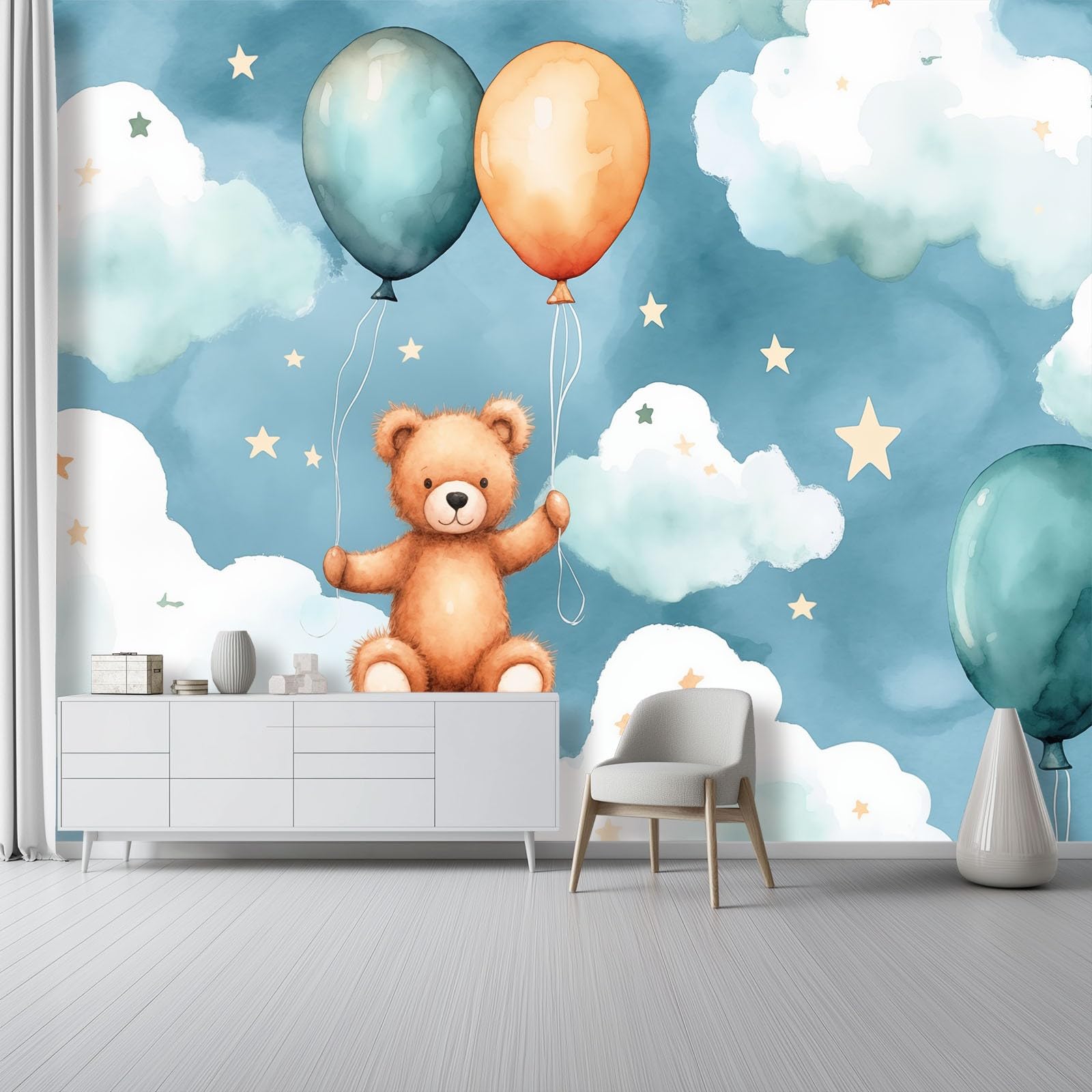 Panoramiczna tapeta 400 x 280 cm, akwarela kreskówka balon pluszowy miś salon sypialnia dekoracja domu - tapeta z włókniny 3D szary niebieski