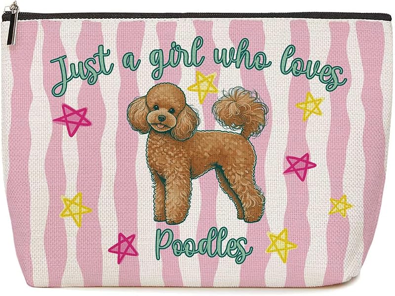 Necessaire de maquiagem Lovdazzles rosa listrada com estampa de poodle
