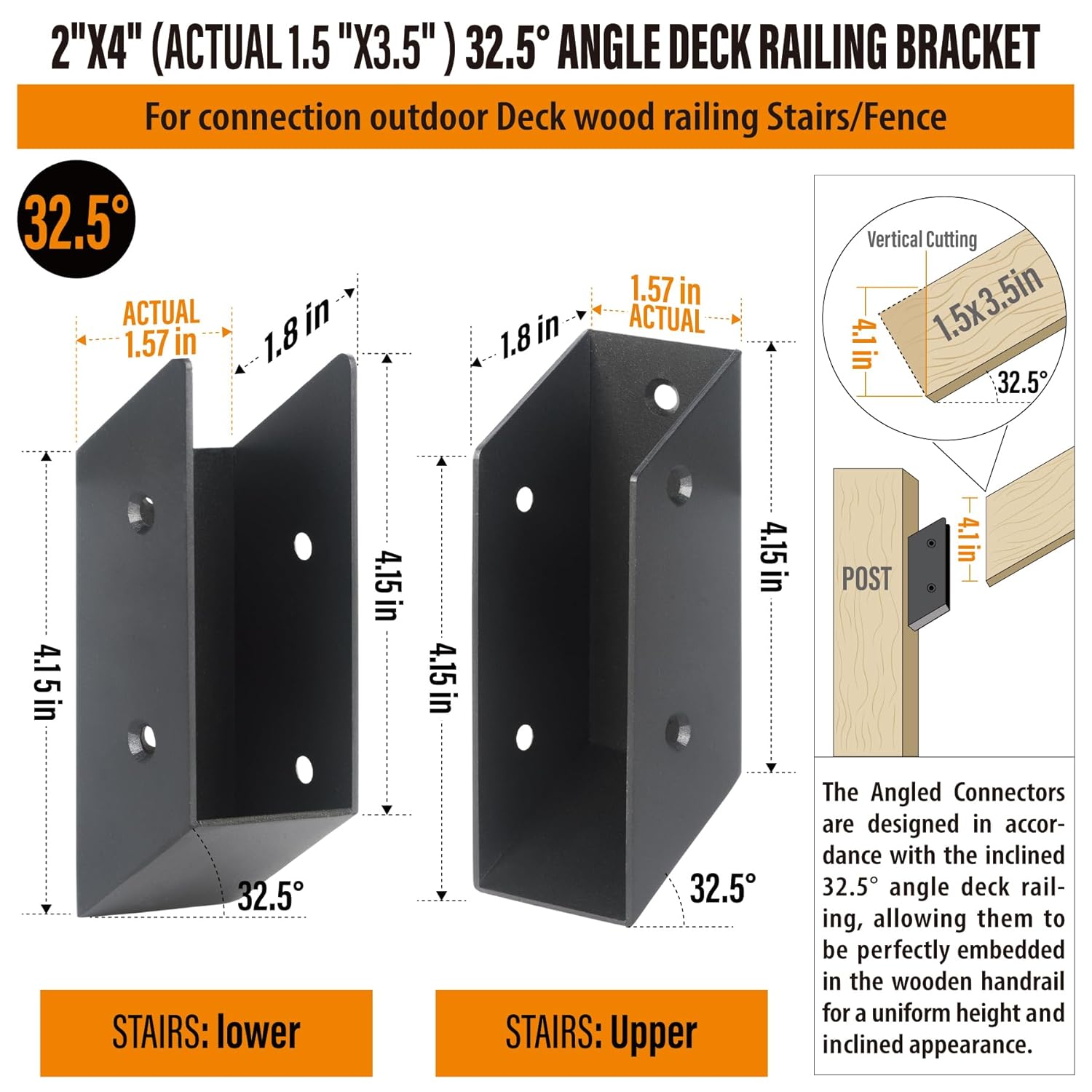 32.5°Stair Angle Stainless Steel Deck Railing Brackets Connectors for 2"x4" (Actual 1.5"x3.5") Railing Wood Post (4 Pair)