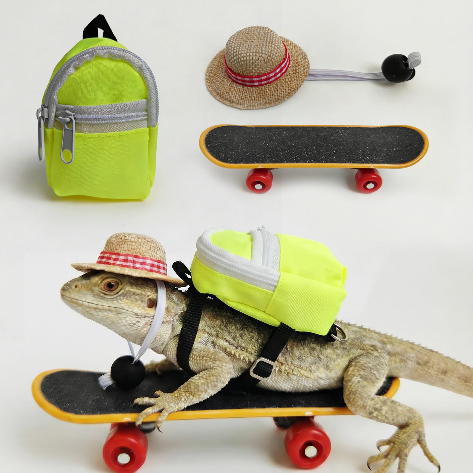 CQJ 3 Pack bearded dragon toy set includes a bearded dragon backpack, an adjustable hat, and a mini skateboard toy, for small reptile pets such as lizards, hamsters, parrots, and turtles. (Yellow)