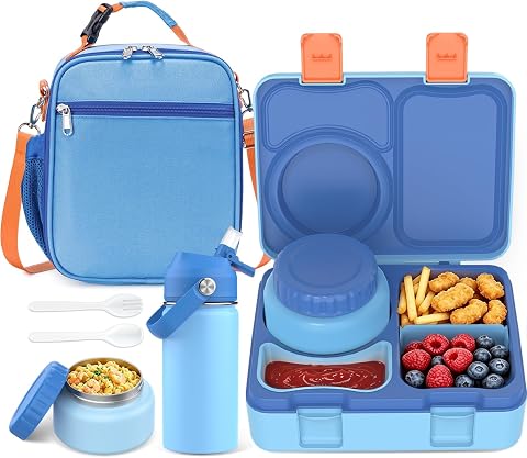 Bento Lunch Box for Kids and Adults, Leakproof 3-4 Compartment Set with Insulated Food Jar, Water Bottle, Lunch Bag, and Utensils