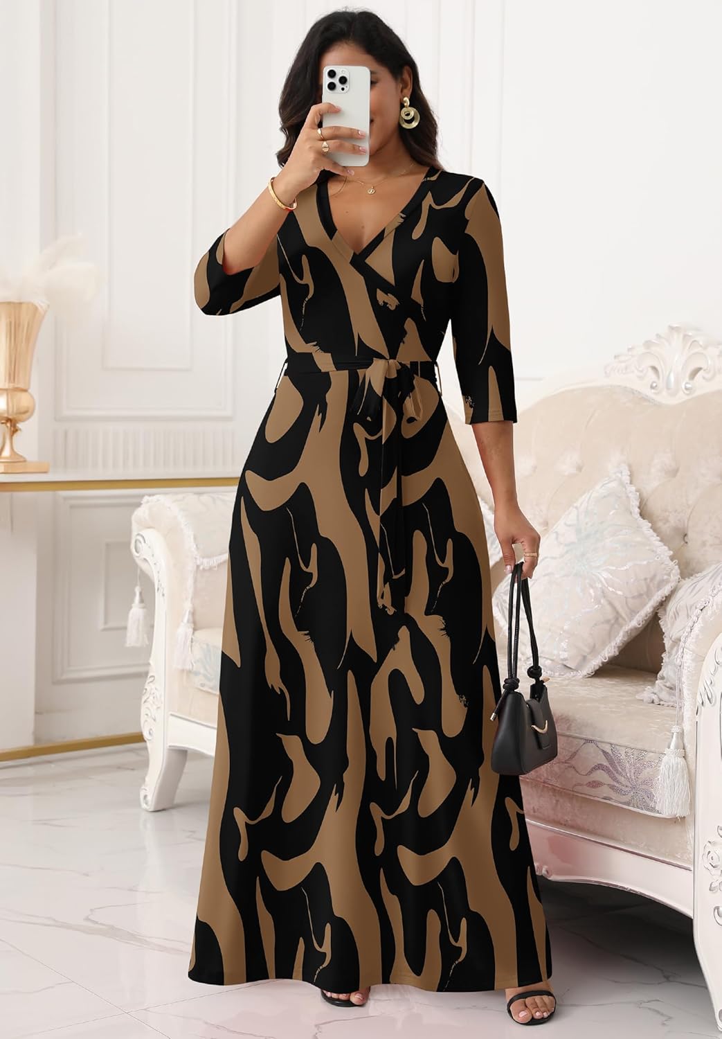 FANDEE Women Print Maxi Dress V Neck 3/4 Sleeve for Women Casual Tie Waist Belted Dresses