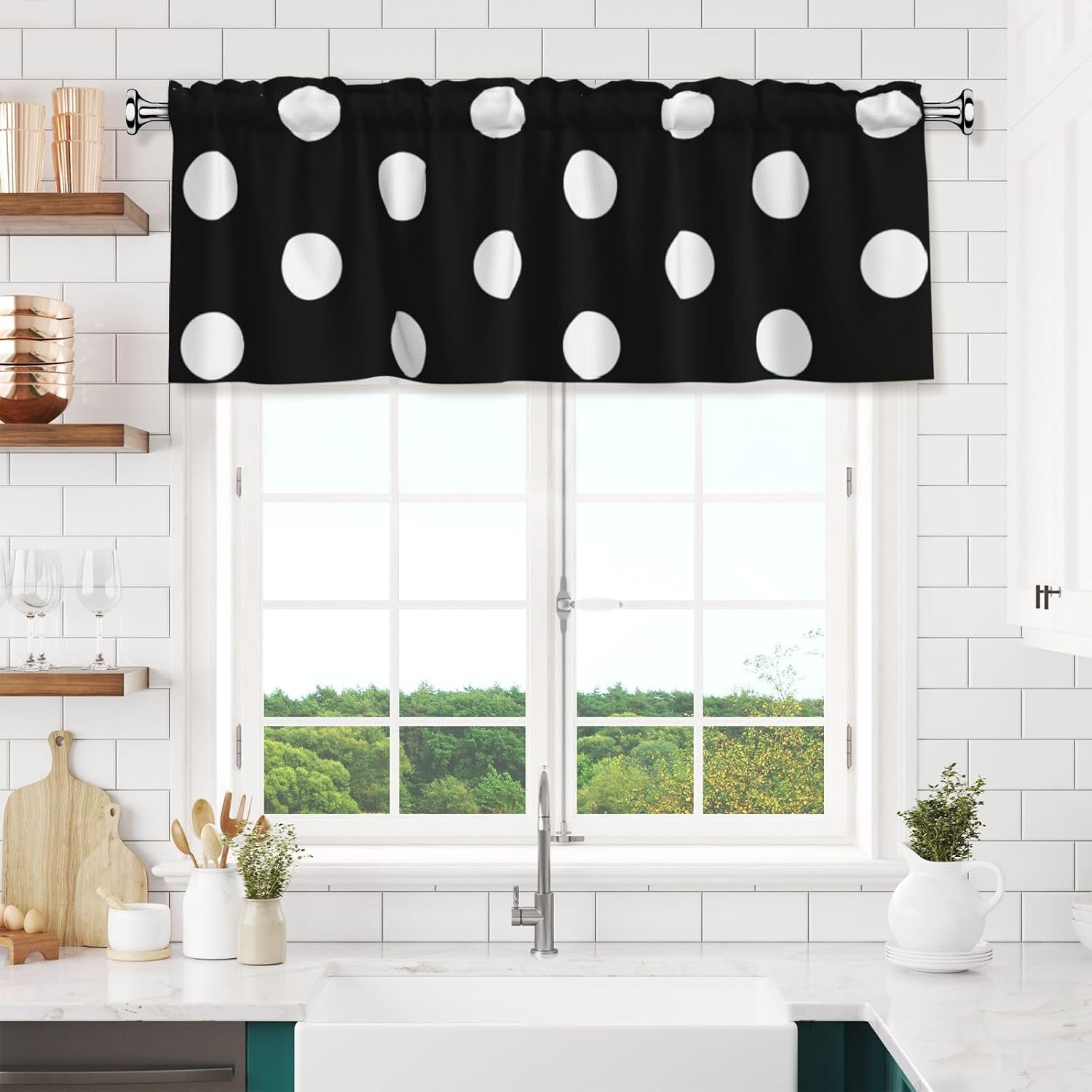 Black White Polka Dot Valance for Windows, Valance Curtains Window Treatments Farmhouse Rod Pocket Short Curtain for Kitchen Living Room Bedroom, 54 x 18 Inch