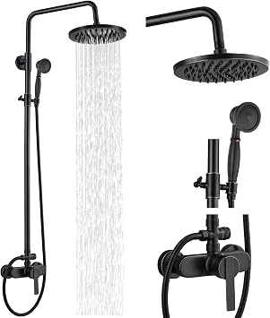 Airuida Oil Rubbed Bronze Exposed Shower System with Handheld Spray | Single Handle,Wall Mount,8 Inch Rainfall Shower Head,Dual Function,Exposed Pipe Fixture for Bathroom