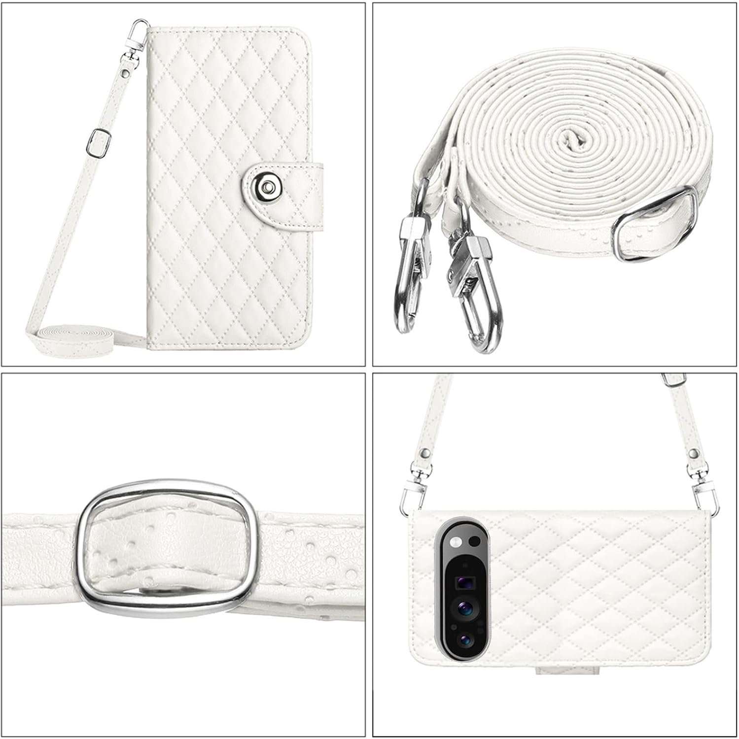 Wallet Case for Google Pixel 9 Pro XL/10 Pro XL with Wrist Shoulder Strap, Argyle Pattern PU Leather Flip Card Holder Cell Phone Cover for Pixel9 9Pro Nine Pixel10 10Pro LX Girls Women White