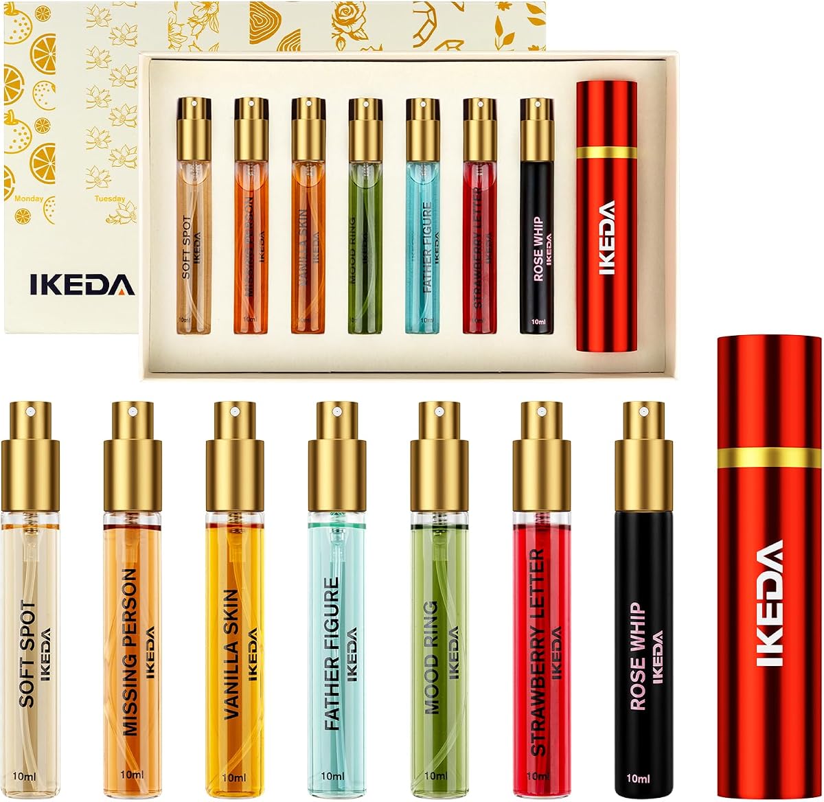 Ikeda Fragrance Discovery Set – 7pc 10ml Eau de Parfum Mini Perfume Gift Set for Women & Men, Long Lasting 8-12H, Travel Size Sample Set Includes Vanilla Skin, Rose Whip, Golden Rule
