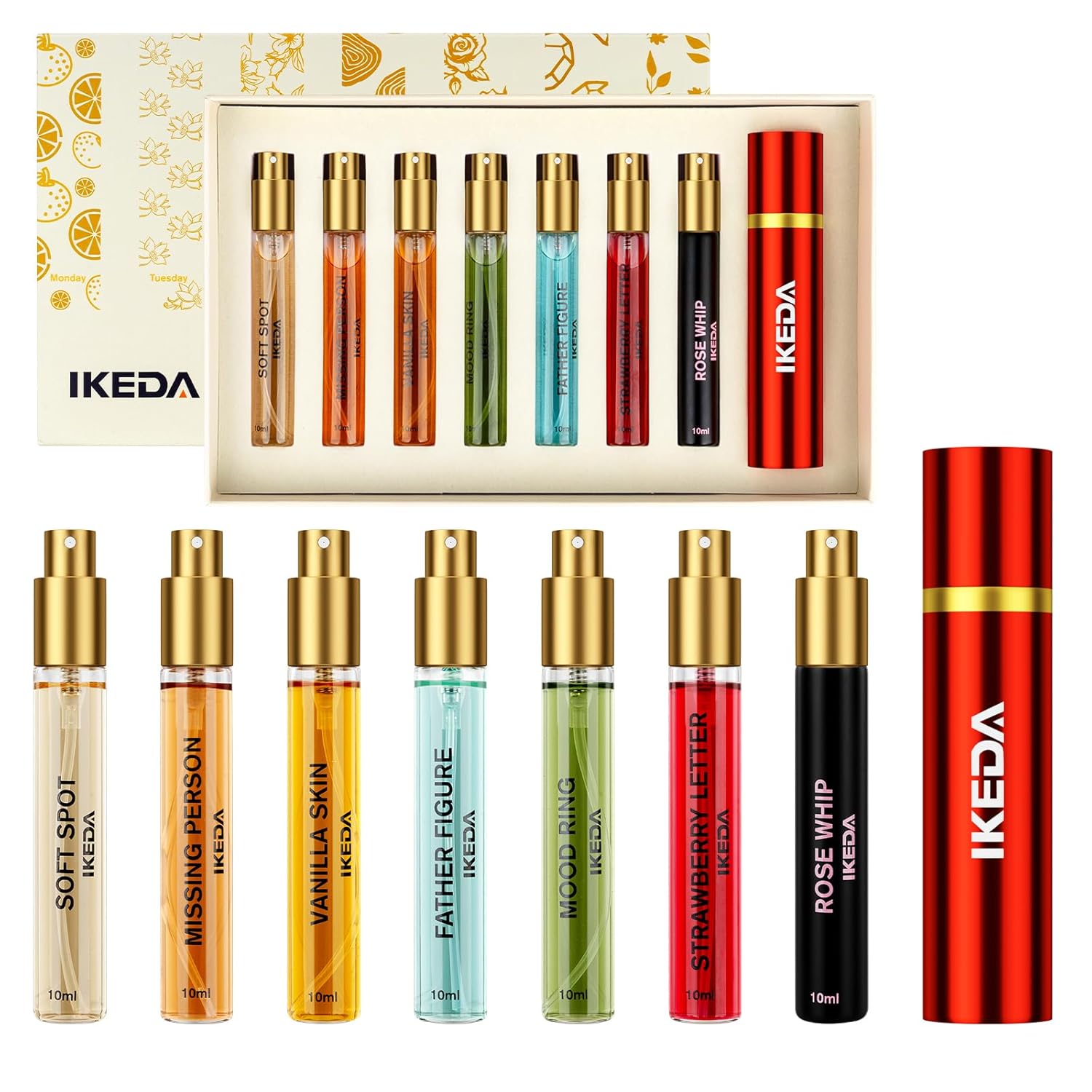 Ikeda Fragrance Discovery Set- 7pc 10ML20% Eau de Parfum Set w/Travel Case, Long Lasting 8-12H, Includes Vanilla Skin, Rose Whip & Golden Rule, Luxury Gift for Women & Men