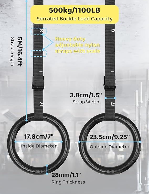 GHB Gymnastic Rings Gym Rings 1.1 Olympic Rings Adjustable Straps Pull Up Rings Sets for Workout Bodyweight Fitness Training