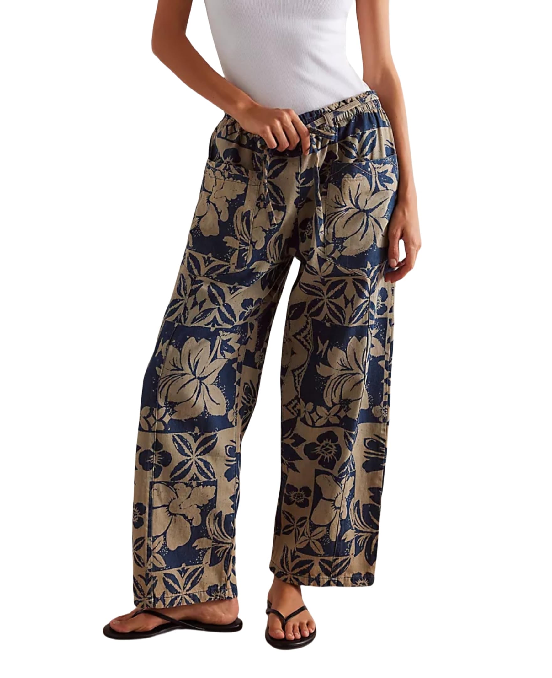 Kedera Womens 2025 Spring Causal Baggy Boyfriend Pants Vintage Wide Leg Printed High Rise Pull-On Barrel Ankle Pants
