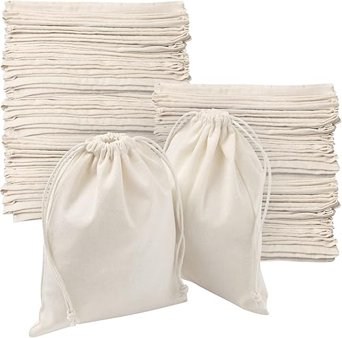 Bolsas de cordón 100% algodón al por mayor  Calidad resistente paquete de 100  Tamaño 6 x 8 (algodón natural sin blanquear  doble cordón)