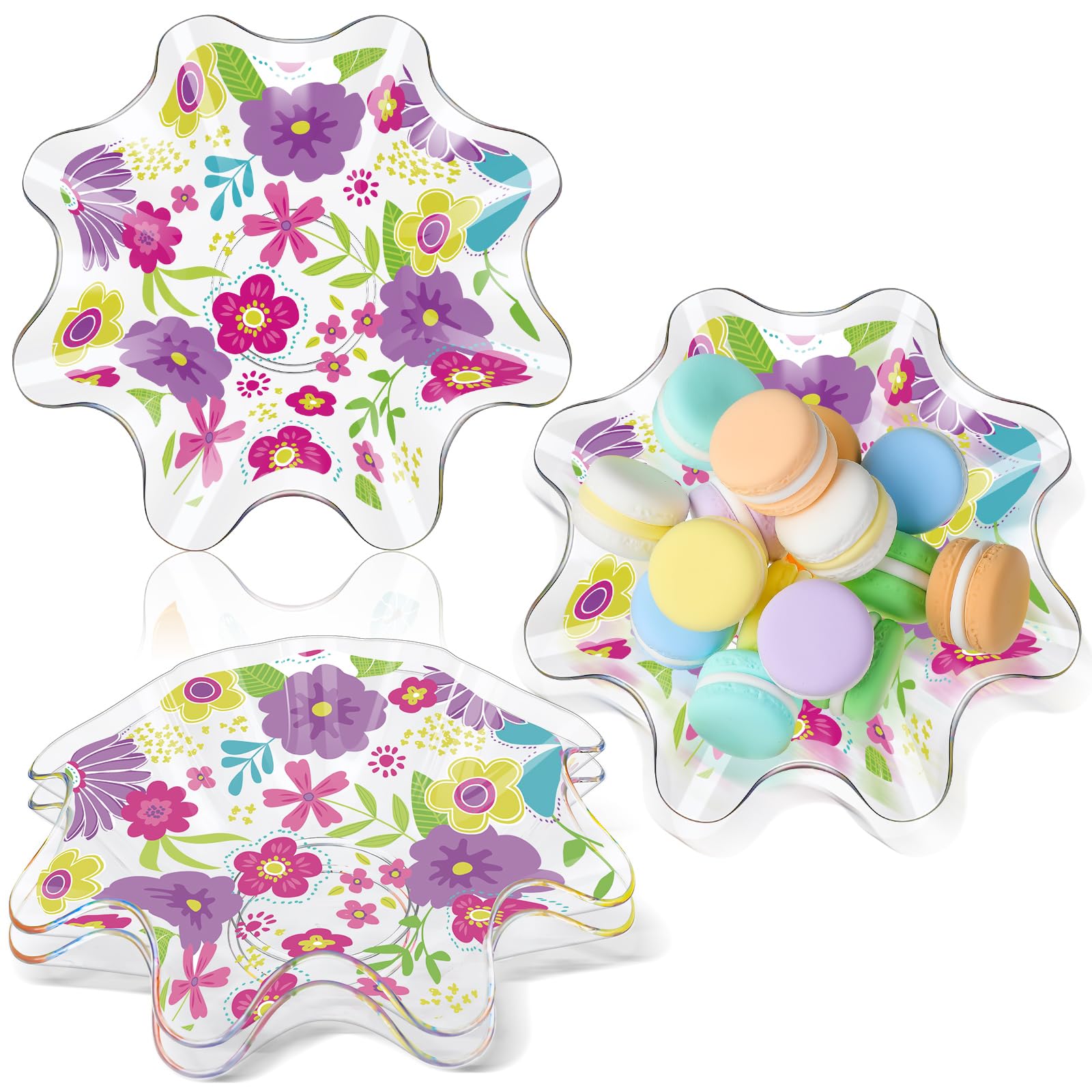 Tioncy 4 Pcs Spring Summer Flower Plastic Bowls 8 Inch Daisies and Wildflowers Candy Bowls Reusable Serving Dish for Snack Fruit Candy Dish Holiday Tableware for Wedding Birthday Food Party Supplies