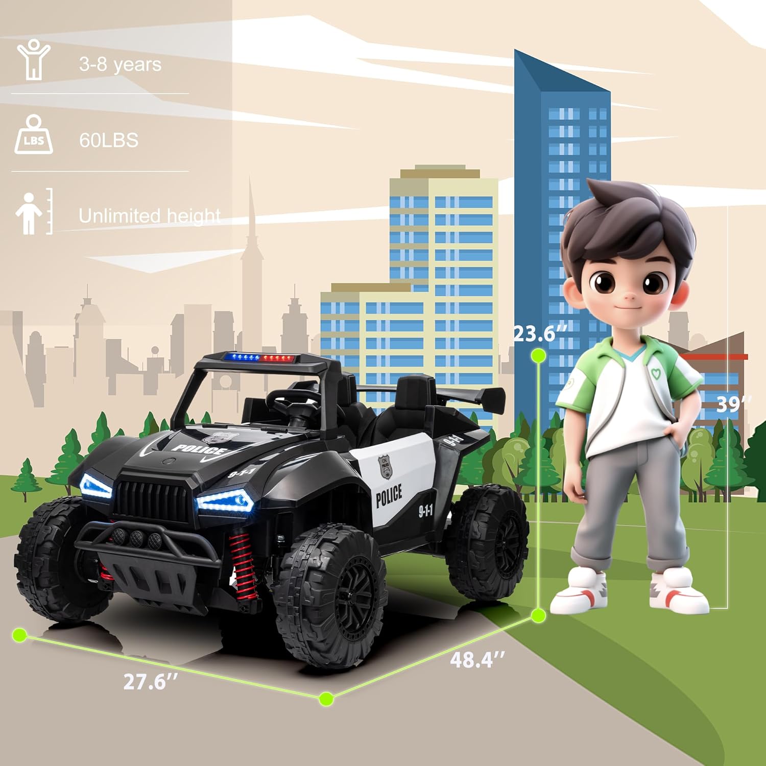 Wangwangwang 24V Ride on Car Toys for Big Kids, 4 Wheeler Electric Off-Road UTV Trucks with 2-Seater, LED Lights, Music and Remote Control, Police Vehicles for Ages 3+ Boys and Girls- Black&White