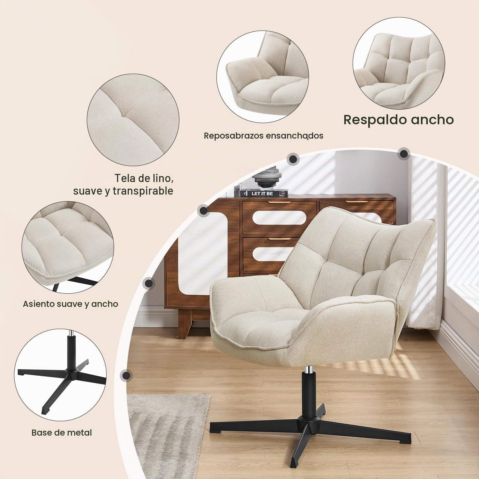 WOLTU Sillón Relax Giratoria, Silla Relax Ergonómica con Acolchado, Beige | Sillon Dormitorio Moderna con Respaldo y Asiento de Lino, Silla Lectura con base de metal en forma X, Estructura de Madera