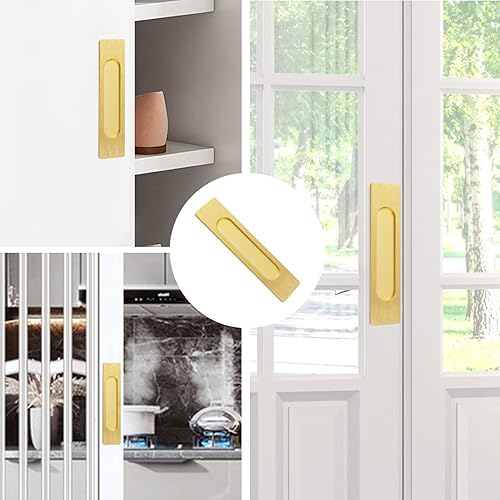 Miniatura 5 de MOROBOR Tiradores rectangulares autoadhesivos, 2 piezas de aleación de aluminio dorado cepillado, sin perforaciones, para puertas corredizas de