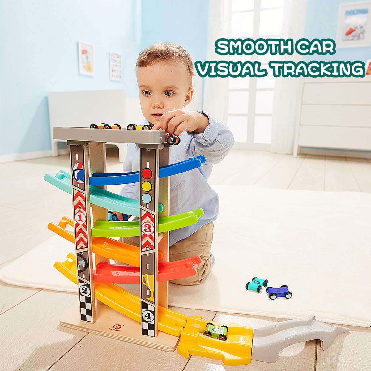 top bright toddler toys for 1 2 year old boy and girl gifts wooden race track car ramp racer with 4 mini cars