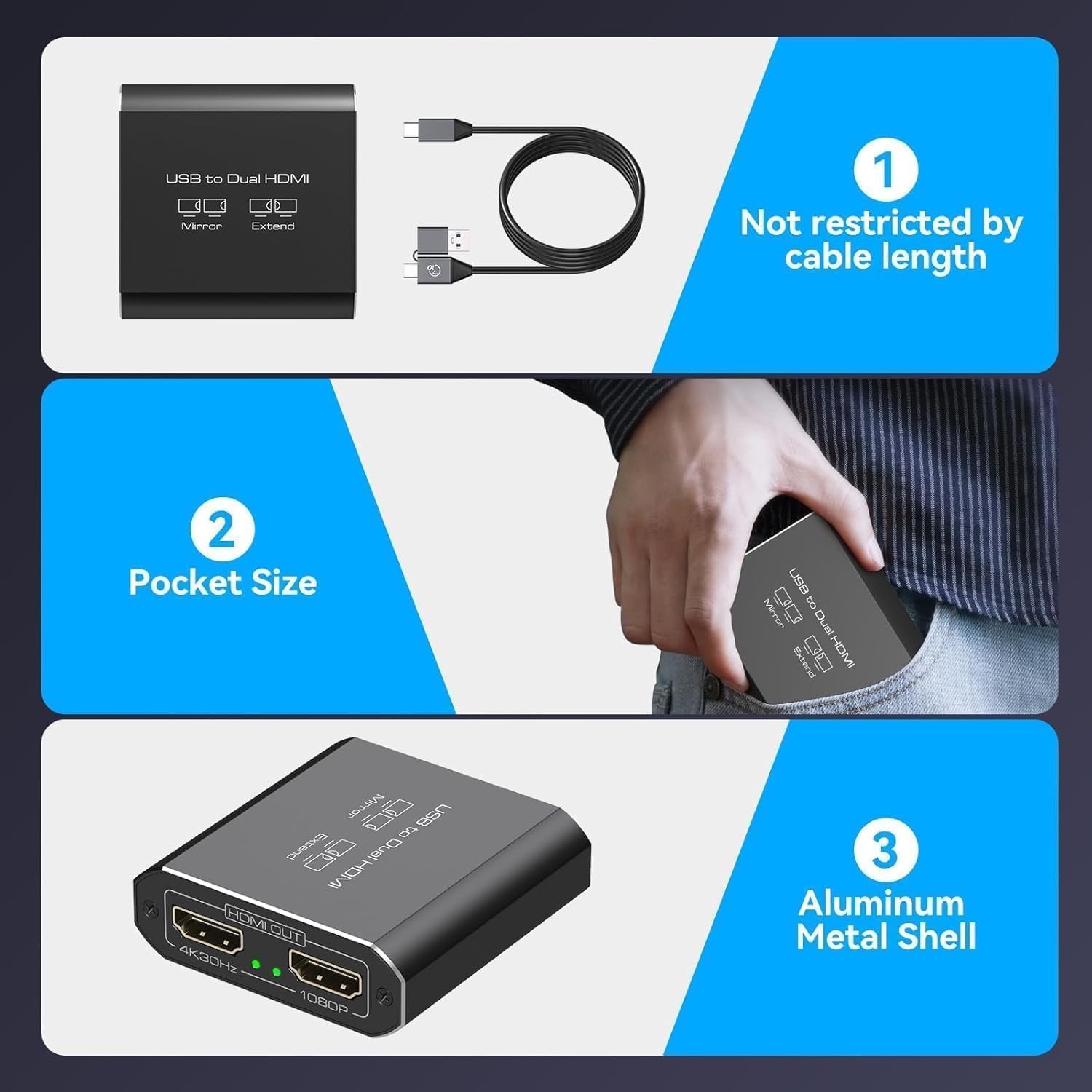 Adaptador USB 3.0 a Dual HDMI, 4 K 30 Hz y 1080P 60 Hz, Modo de ampliación y Espejo para Windows/MacOS, Plug & Play