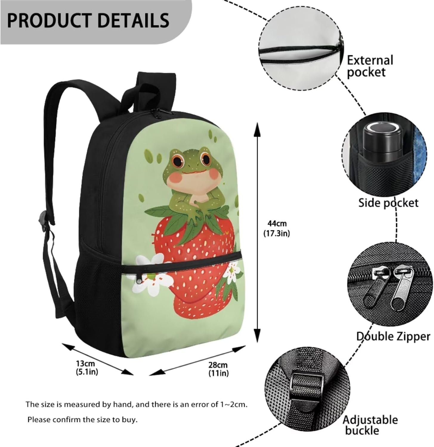 Frog Little Girls Backpack and Lunch Box Set with Pencil Case 6-8 Kids Cute Schoolbags Strawberry Large Capacity Travel Duffel Bag Casual Daypacks Rucksack for Kindergarten Pre-school