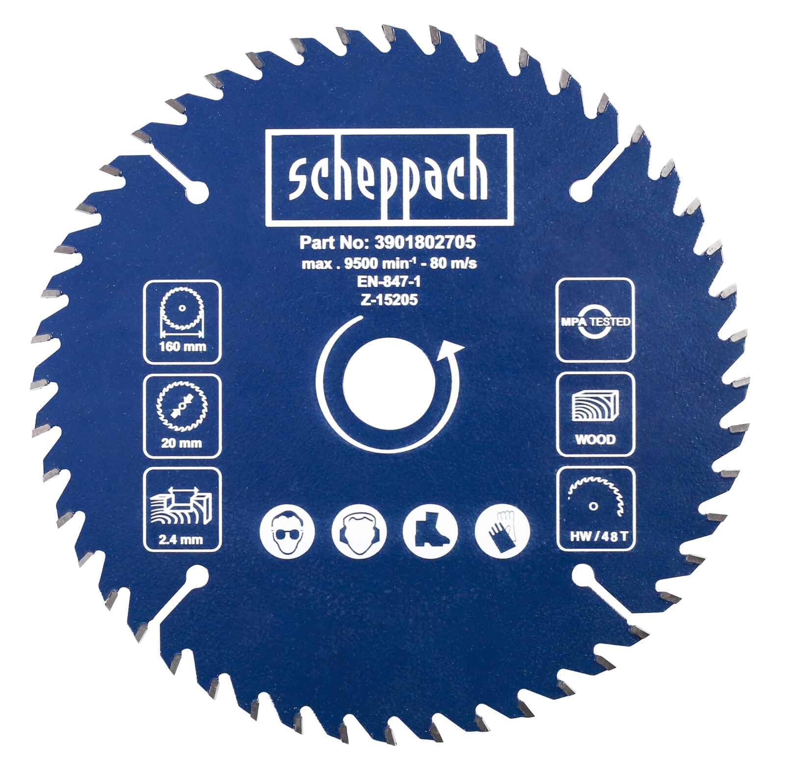 Scheppach 3901802705 Accessoires de scie pour scie plongeante PL55, bois massif, stratifié et plastique, Ø 160 x 20 x 2,2 mm / 48 Z, diamètre