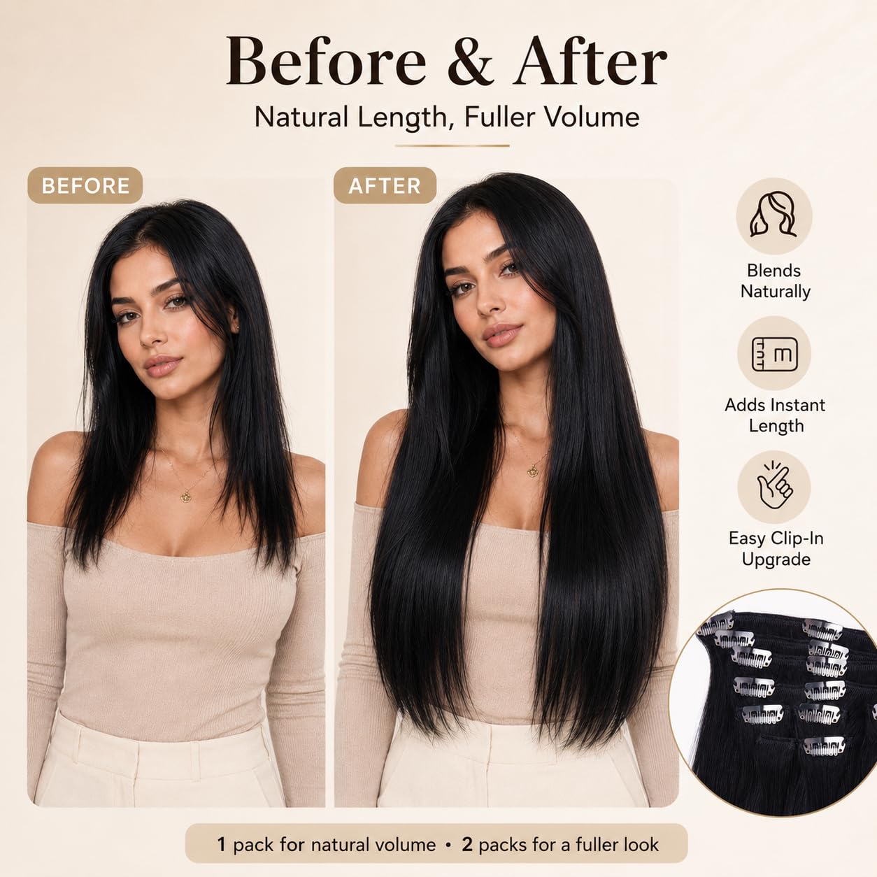 18 Inch Clip in Human Hair Extensions, 10pcs 100g Straight Remy Hair, Color 1 Jet Black Double Weft Clip Ins for Women, Finished Length 20 Inch