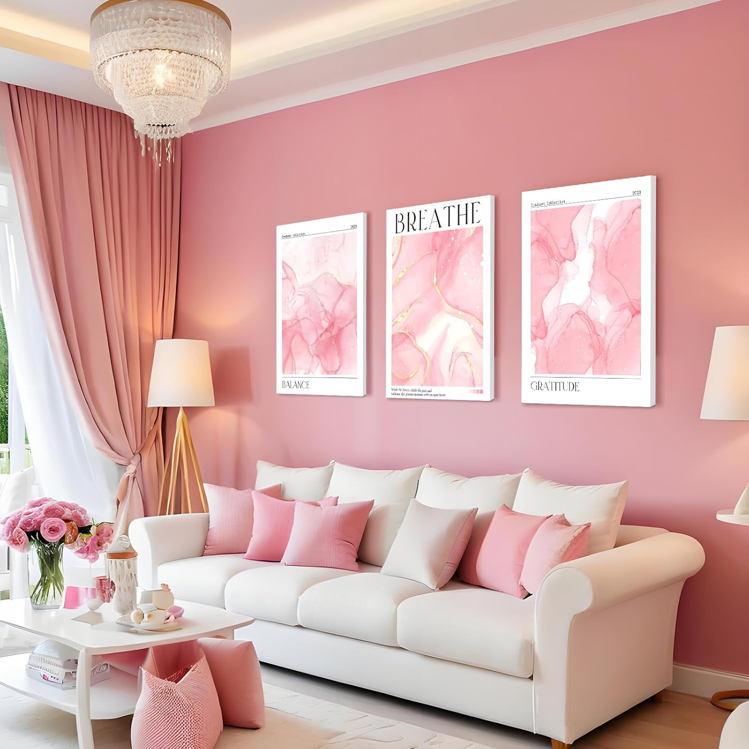 3 Pcs Framed Pink Abstract Motivational With Text Fashion Wall Art Decor Canvas Print Poster Balance Breathe Gratitude Wall Painting Poster for Bedroom Dresser Decor 12x16 Inches Ready To Hang