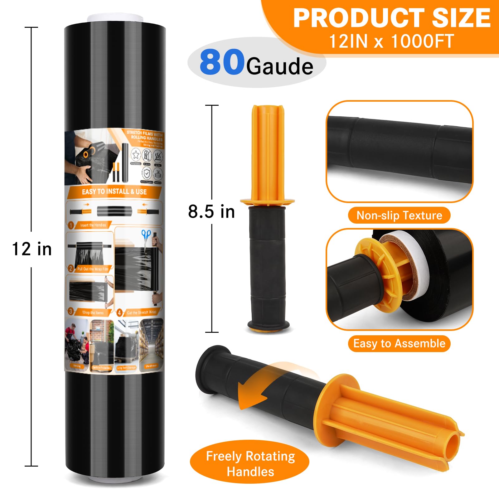 Film para Embala, 20 Micras Resistencia Industrial de Estiramiento Con Asas Rollos de Plastico Embalaje Film para Embalaje Industrial y Envoltura Mudanza(Negro/38cm x 300m, 2 Rollo)