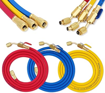 29986 Plus II 1/4" HVAC Refrigerant Hose Set, 72" Low Loss Hoses with Compact Ball Valve, Standard 1/4" Flare Fittings, 800 PSI, for R410A R134A R22 & Common Refrigerants, Red/Yellow/Blue 3 Pack
