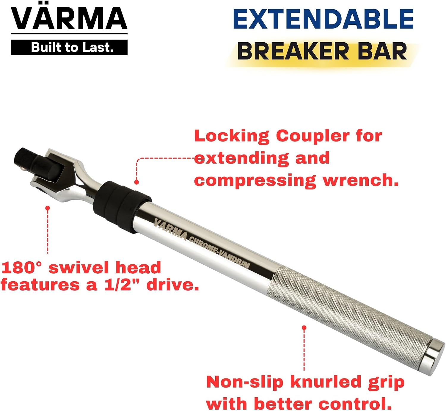1/2" Drive Breaker Bar – 12–17.75" 6-Stage Extendable Handle, 180° Flex Head, Chrome Vanadium, High Torque