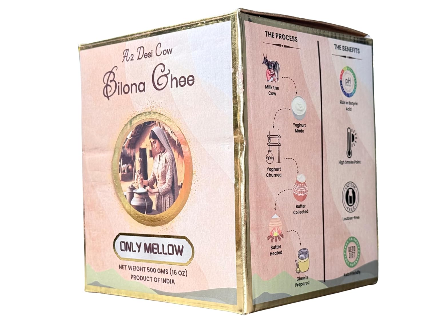 Only Mellow Desi Cow A2 Bilona Ghee | 100% Grass-Fed Indigenous Cow| Traditional Churned Ghee Made from Cultured Yogurt | Rich Granular Texture | Immunity & Wellness Superfood | 16 Oz (500gms)