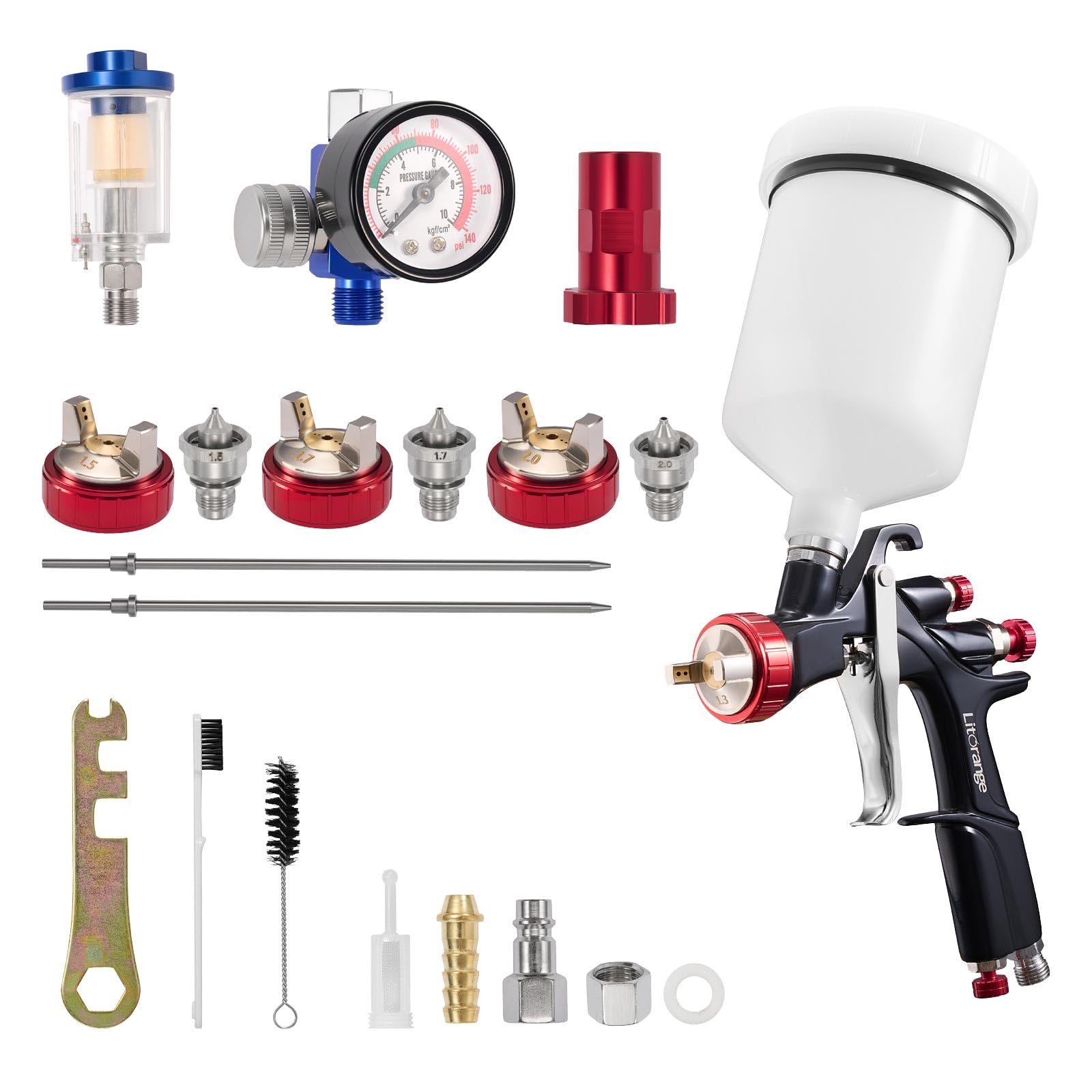 LitOrange R500 LVLP - Kit de pistola de pulverización de aire, pistola de pulverización para automóviles y casa, boquillas de 1,3/1,5/1,7/2,0 mm, con accesorios de pulverización de pintura