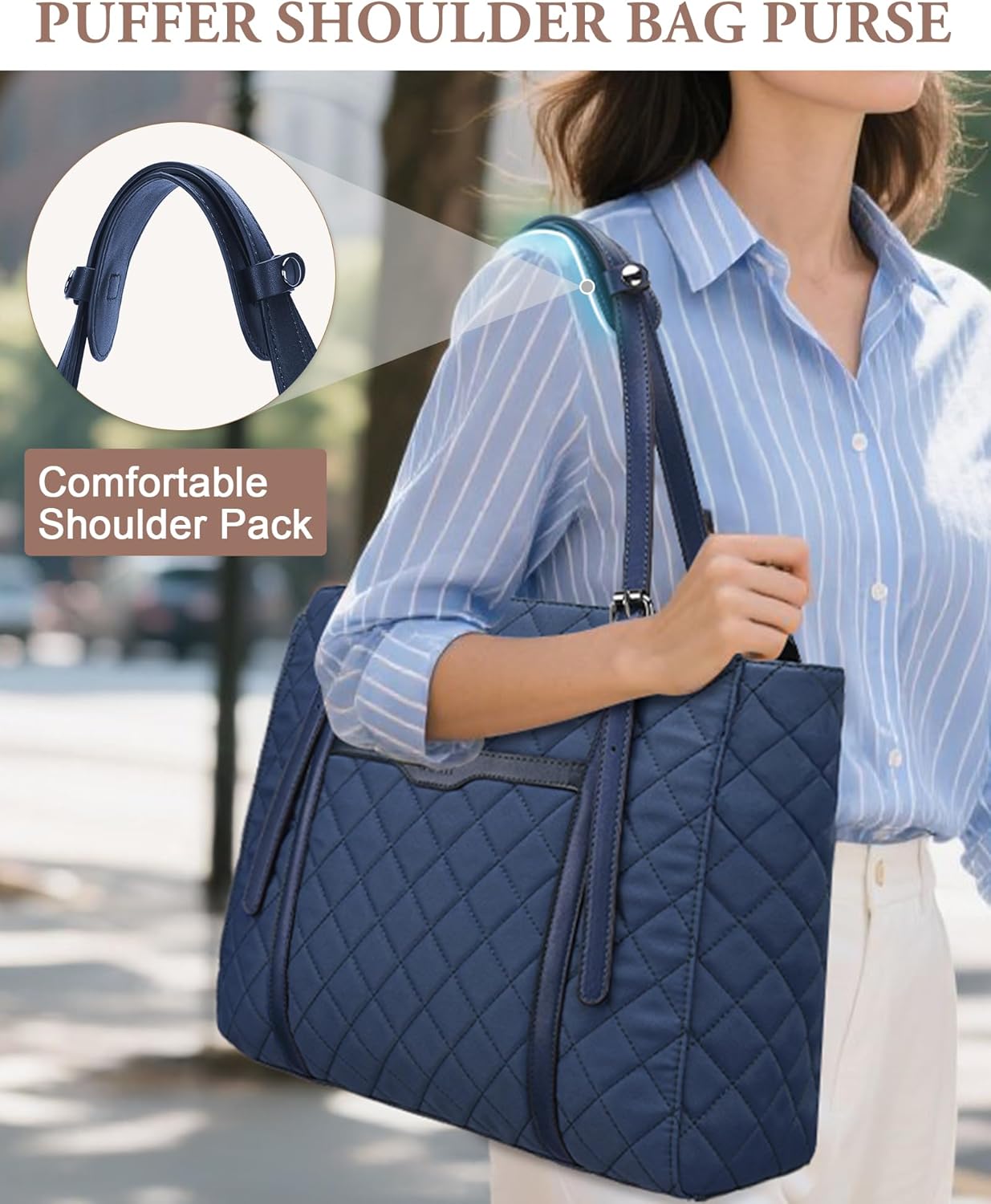 VASCHY Quilted Laptop Tote Bag for Women, Medium Puffer Work Shoulder Bag Purse