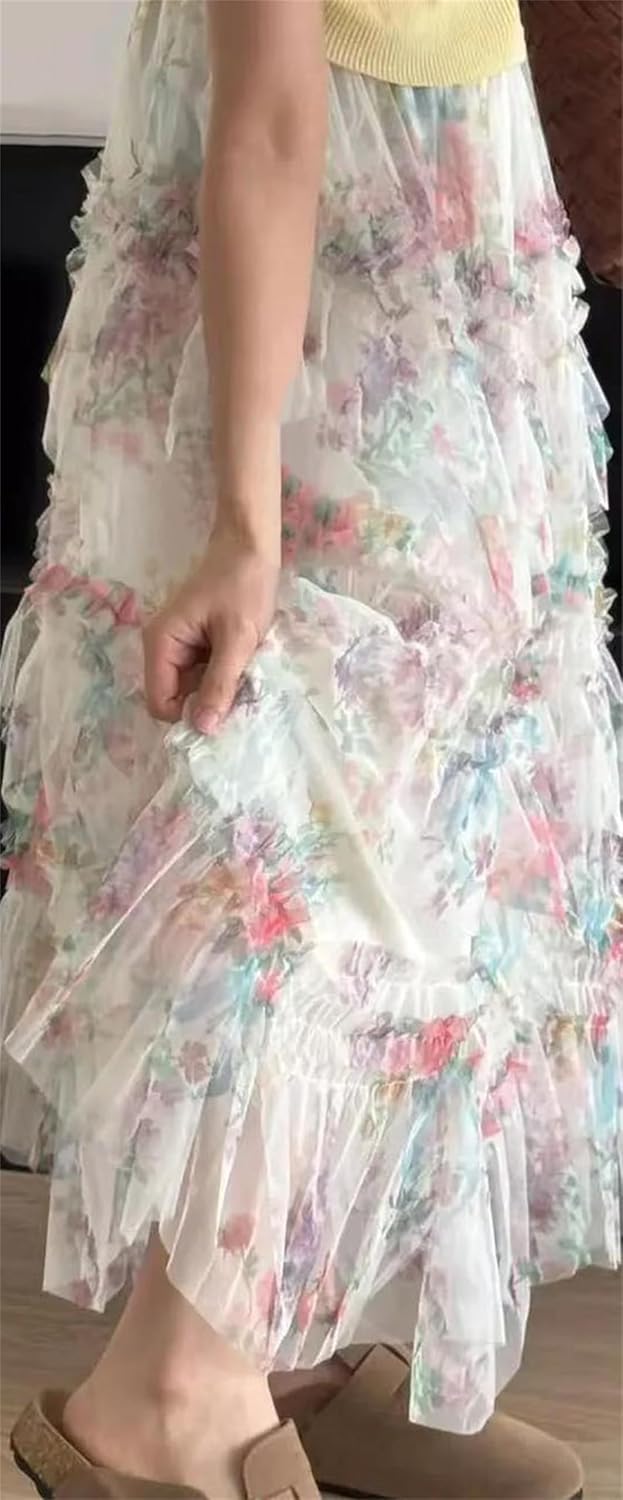 Women's Floral Mesh Skirt A Line with Irregular Patchwork Detail High Waist for Casual Daily Wear and Outdoor Gatherings