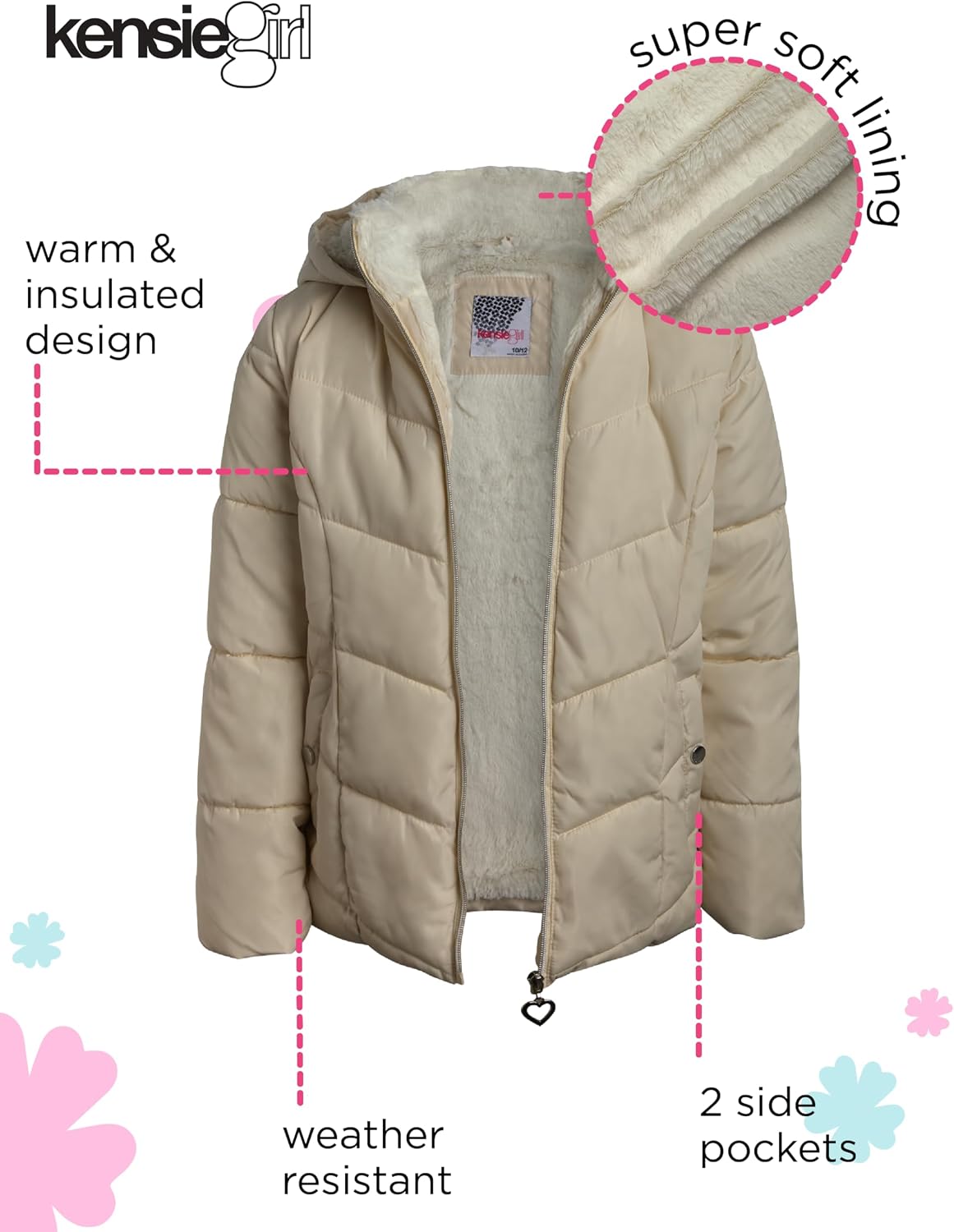 KENSIE GIRL Girls Puffer Jacket - Warm Polar Fleece Lined Insulated Hooded Winter Jacket - Cozy Quilted Winter Coat for Girls