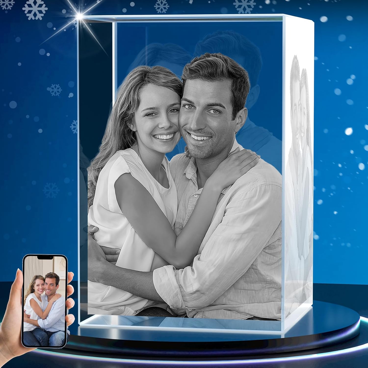 3D Crystal Photo, Personalized Gifts for Mom, Dad, Custom Photo for Women, Her, Laser Etched Pictures Cube, Christmas Birthday Anniversary Couples Gifts, M