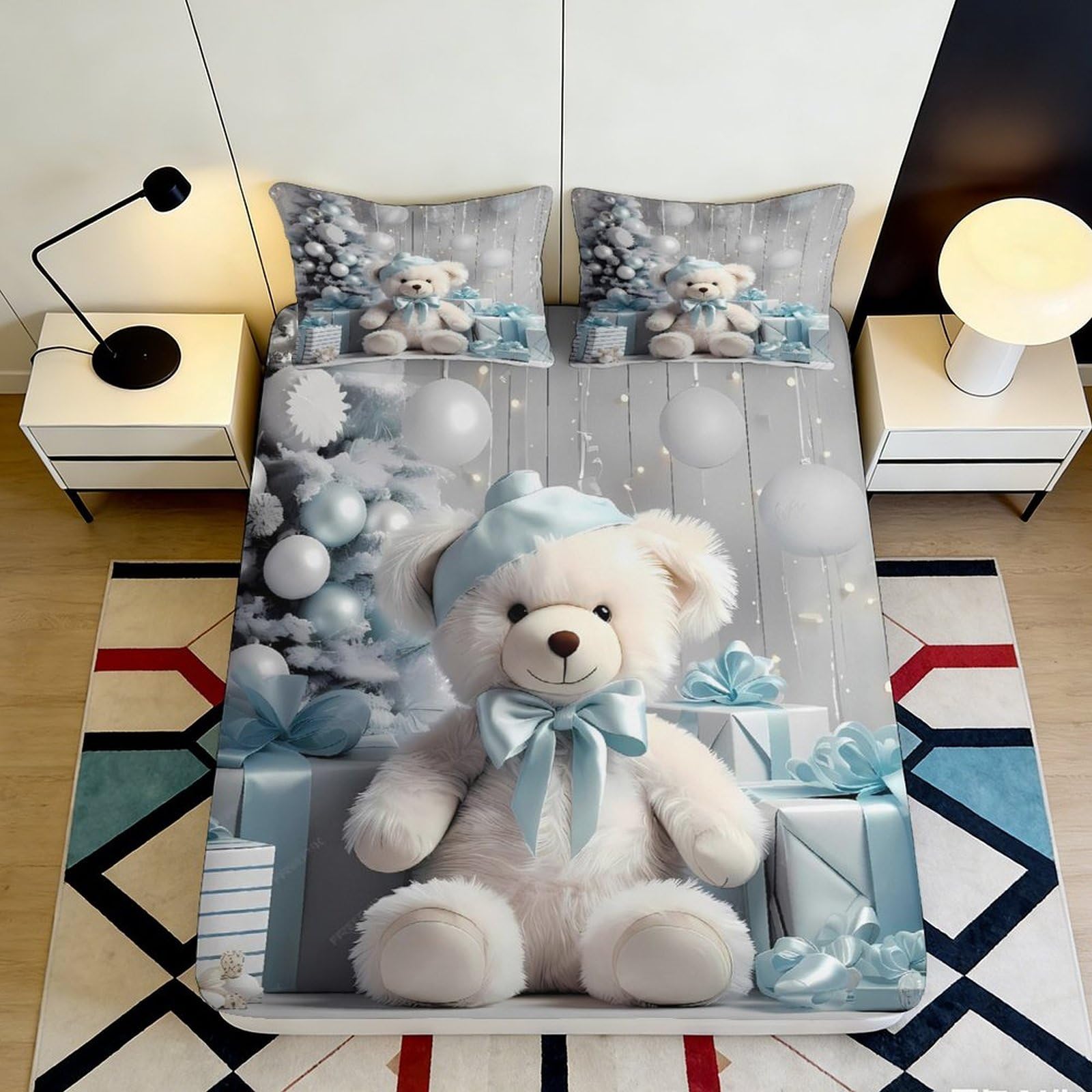 3D Printed teddy bear Fitted Sheet, soft touch Microfiber, wrinkle resistant, bedroom decor, guest room bedding, non-slip, machine washable bed cover, dustproof 160x200x25cm