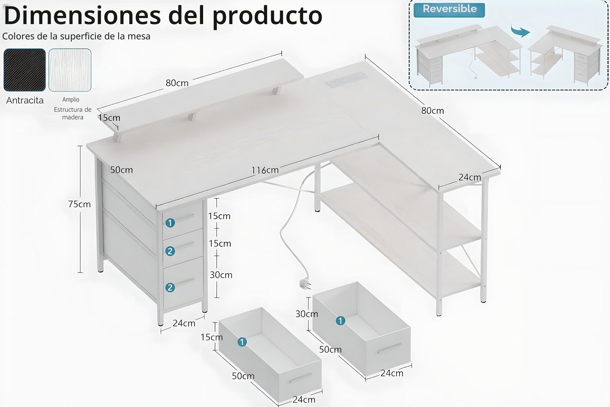 Schreibtisch L Form mit 3 Stoff Schubladen, 140 * 80cm Reversibler Eckschreibtisch mit Monitorständer, Steckdose und USB-Ladeanschluss für Homeoffice, Schwarz