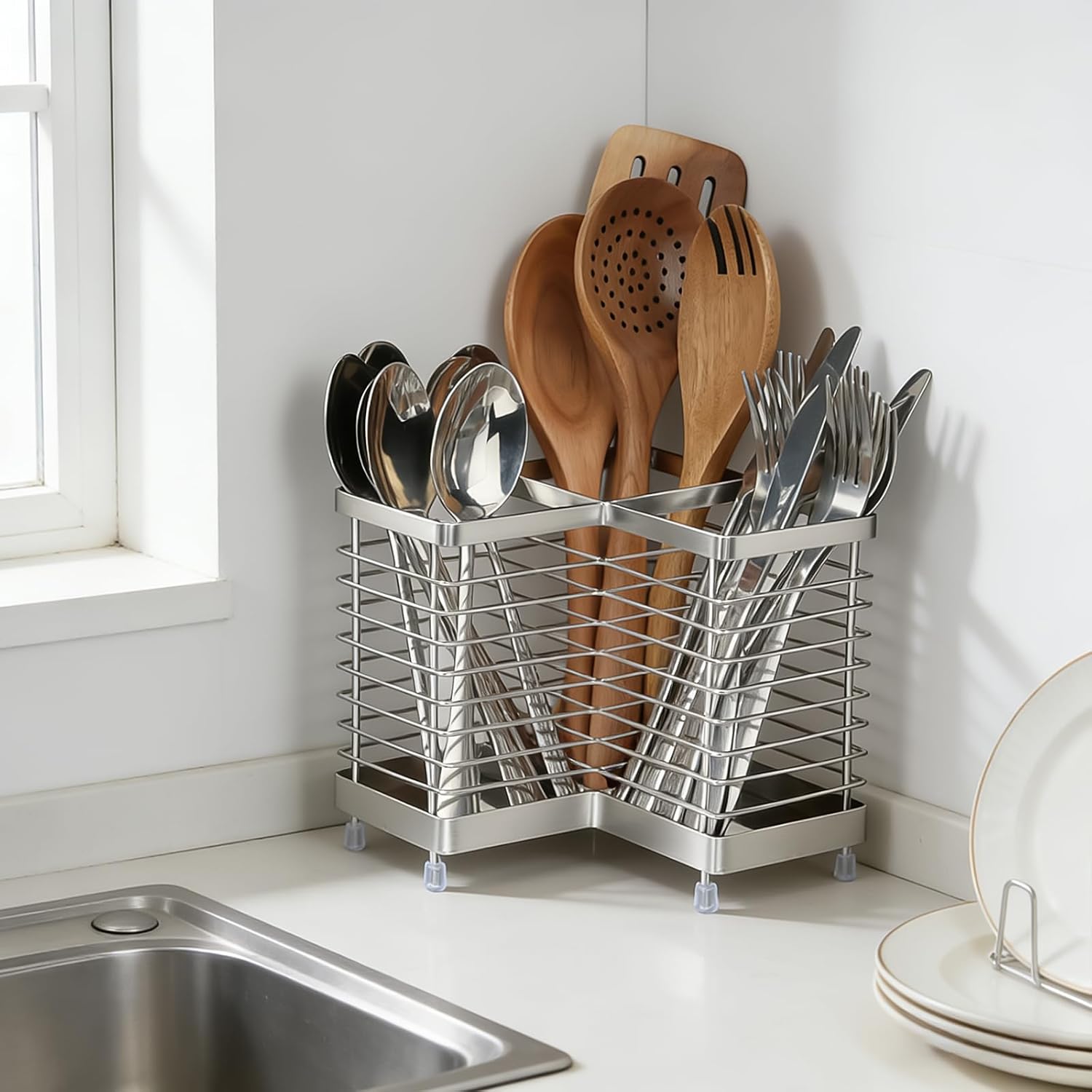 Utensil Holder, Stainless Steel Corner Utensil Holder for Kitchen Counter, 3 Compartments Utensil Crock Organizer for Spatulas, Silverware, Forks, Knives, Spoons & Cooking Tools