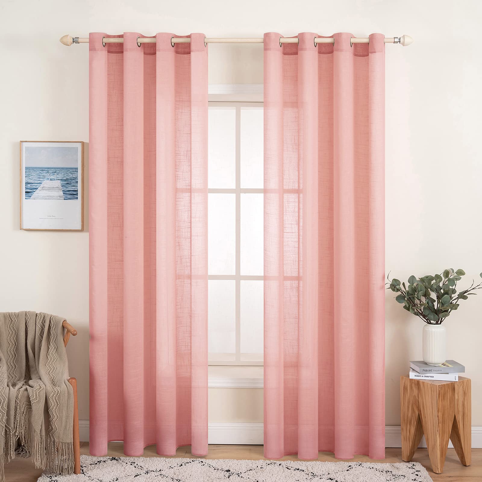 MIULEE Cortinas de Lino Cruzada Visillo Color Puro Translucido de Dormitorio Moderno Decoracion Transparente para Ventana Sala Cuarto Dormitorio Comedor Cocina Salón 2 Hojas 140x160cm Rosa