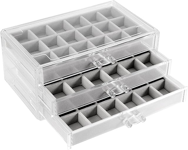 ZEONHEI 3 Drawers Clear Acrylic Jewellery Storage Organiser Box, Adjustable Velvet Jewellery Earring Rings Necklaces Bracelet Display Holder Case for Women Ladies Girls Gift, 9.2 x 5.3 x 4.2 Inch