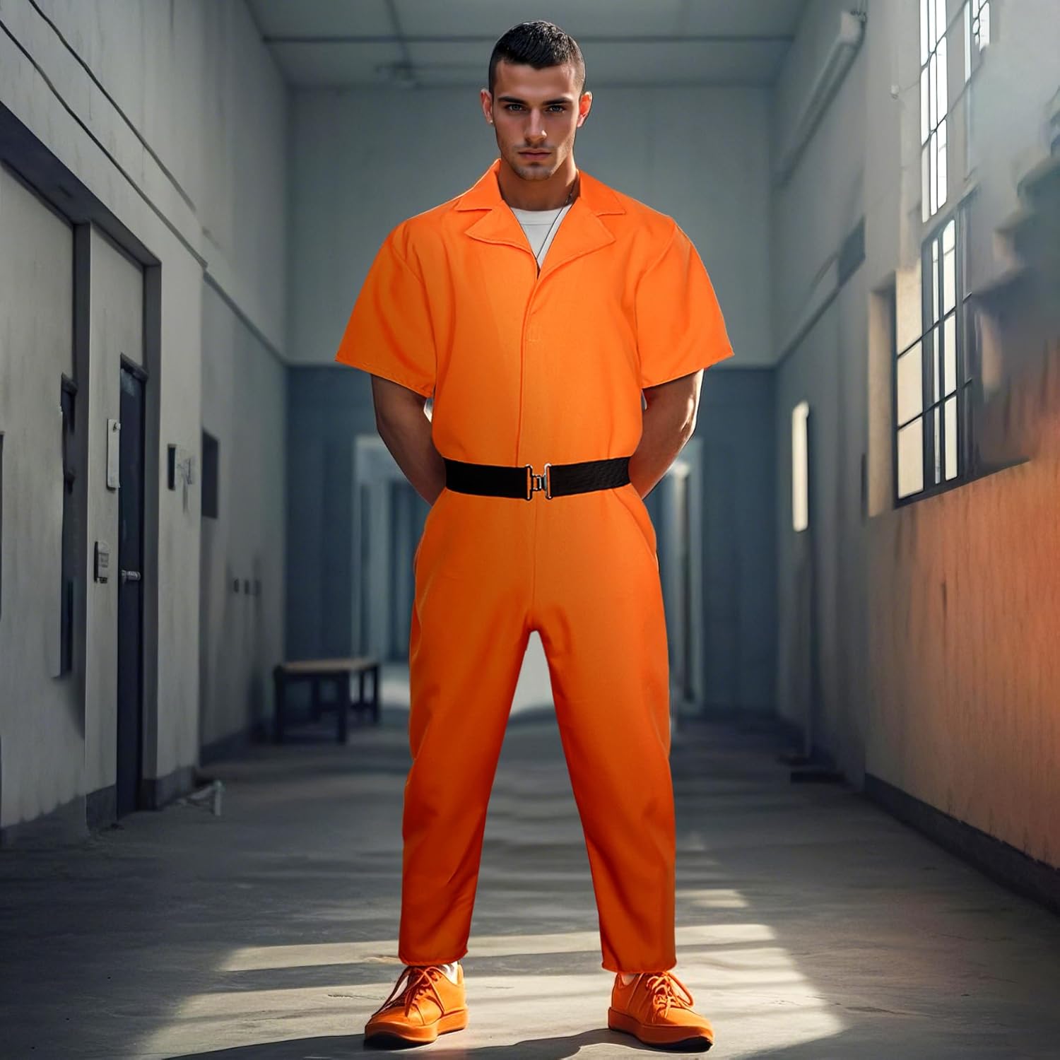 Joukavor Orange Prison Jumpsuit Adult Prisoner Costume with Belt for Men Women Halloween Cosplay - Image 5